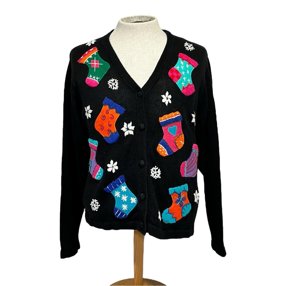 Vintage‎ Victoria Jones Christmas Cardigan Sweater Stockings Women’s XL Holiday